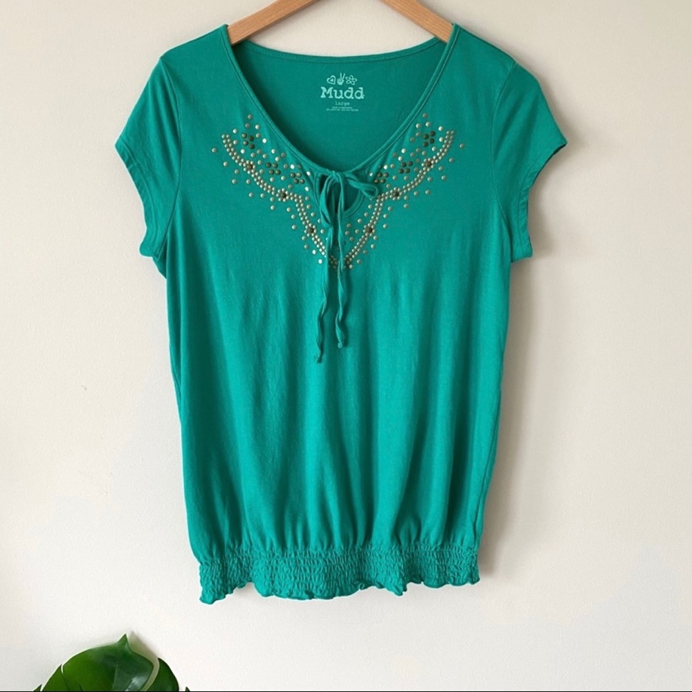 Vintage Y2K Mudd Studded Keyhole Tie Top Teal Green Smocked Waist Juniors Large